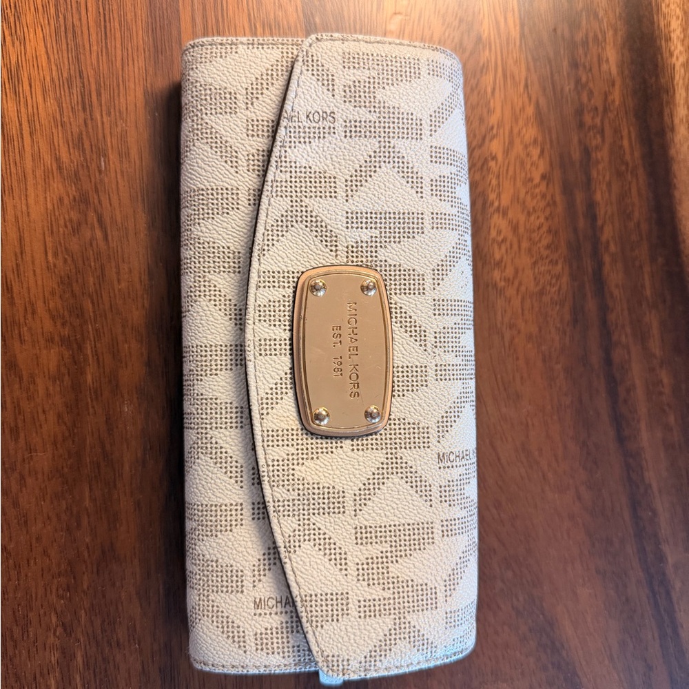 Michael Kors Cream Logo Continental Wallet with Gold Plaque